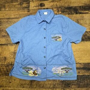 BonWorth Embroidered Safari Button Down Short Sleeve Shirt Blue Size L Safari